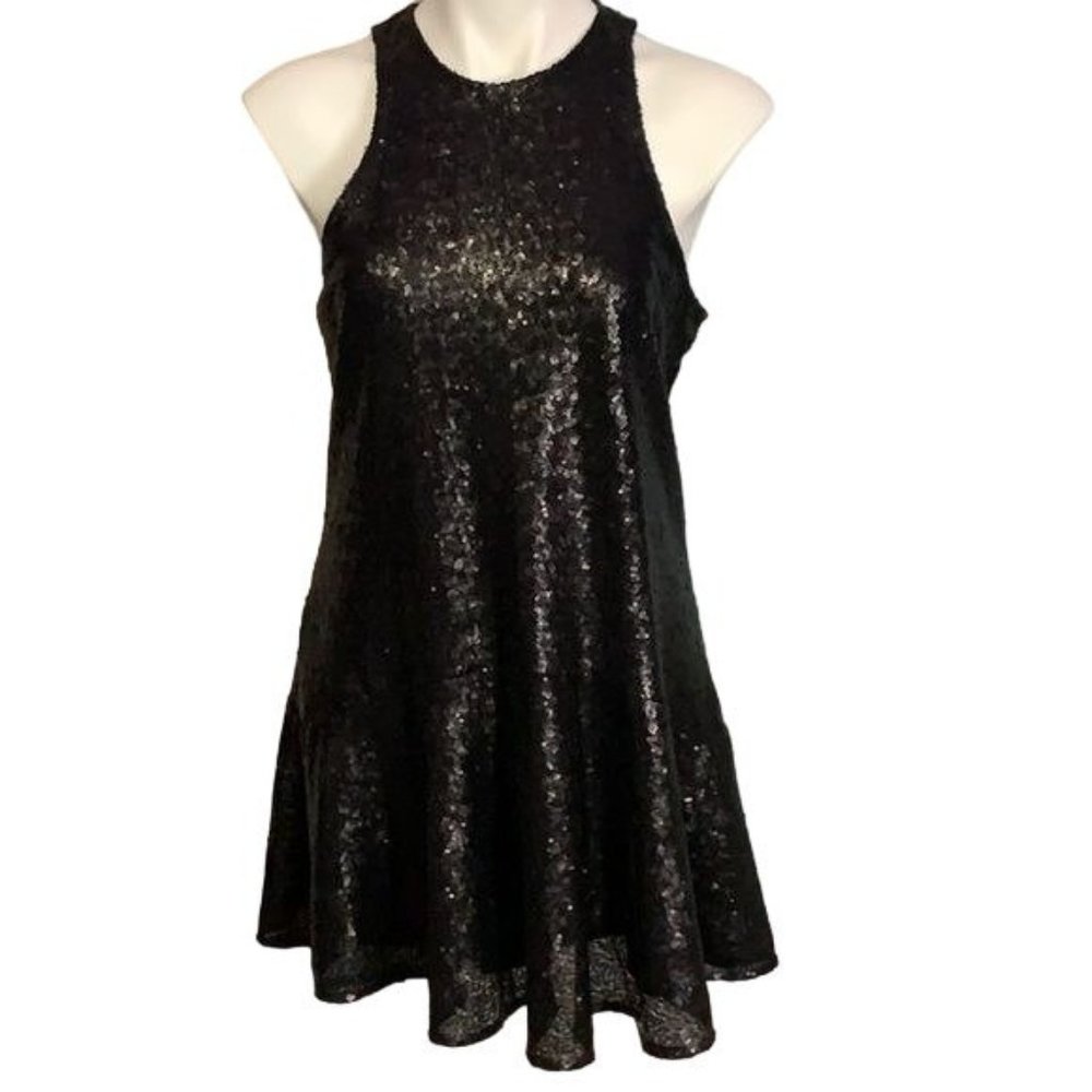 Free People Womans S Black Sequined Fit & Flare Mini Dress